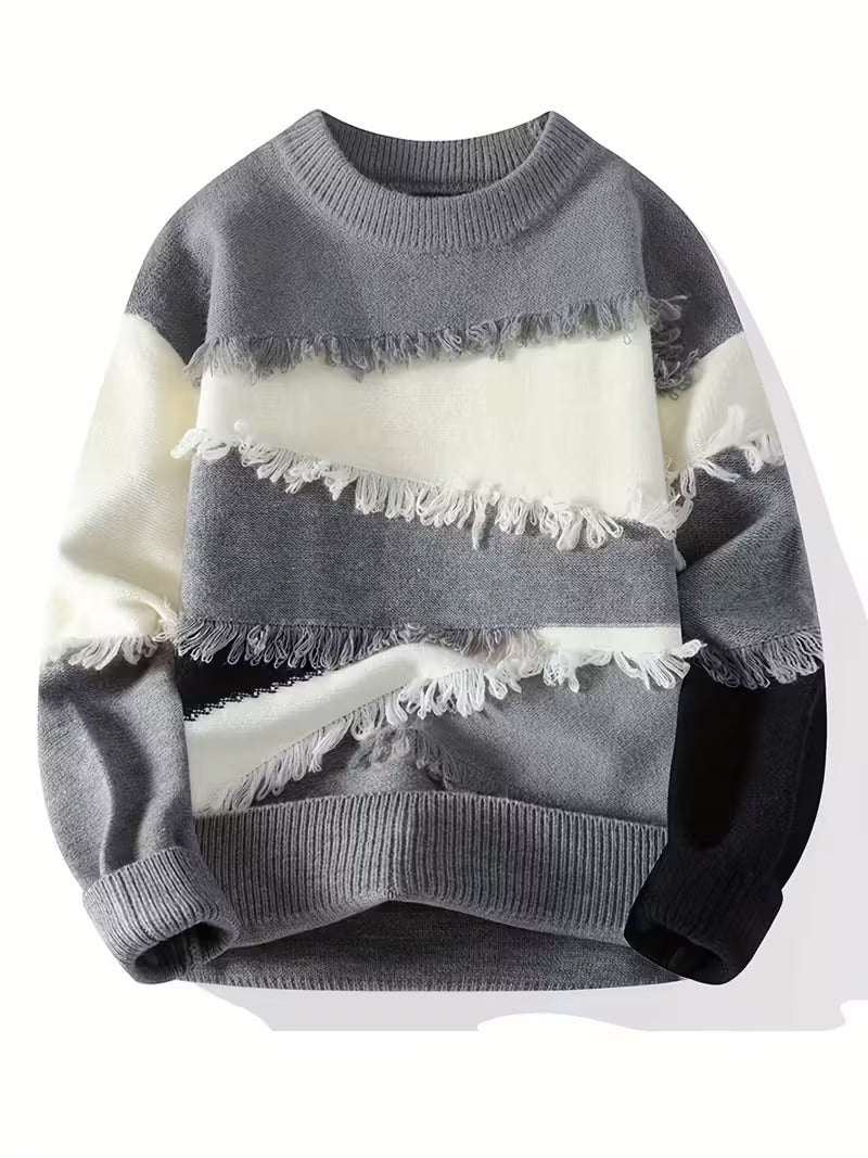 Swebet Men’s Color Block Fringe Sweater – Trendy Fall & Winter Pullover