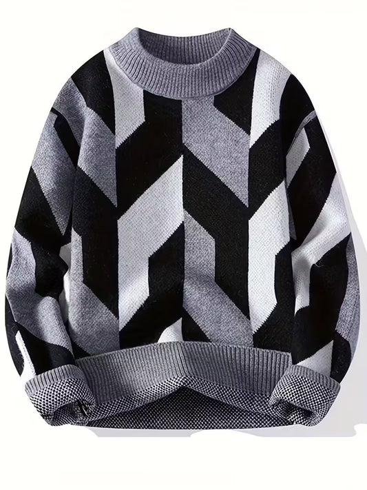 Swebet Men’s Geometric Pattern Sweater – Casual Crew Neck Pullover